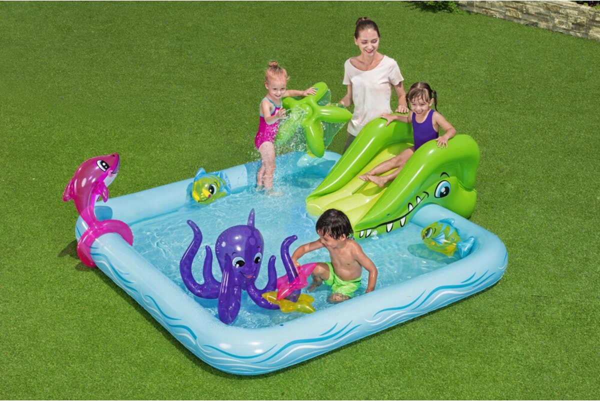 Bestway Kinderzwembad met Glijbaan - Incl. Opblaas Waterspeelgoed - 239 x 206 x 86 cm - 308 L